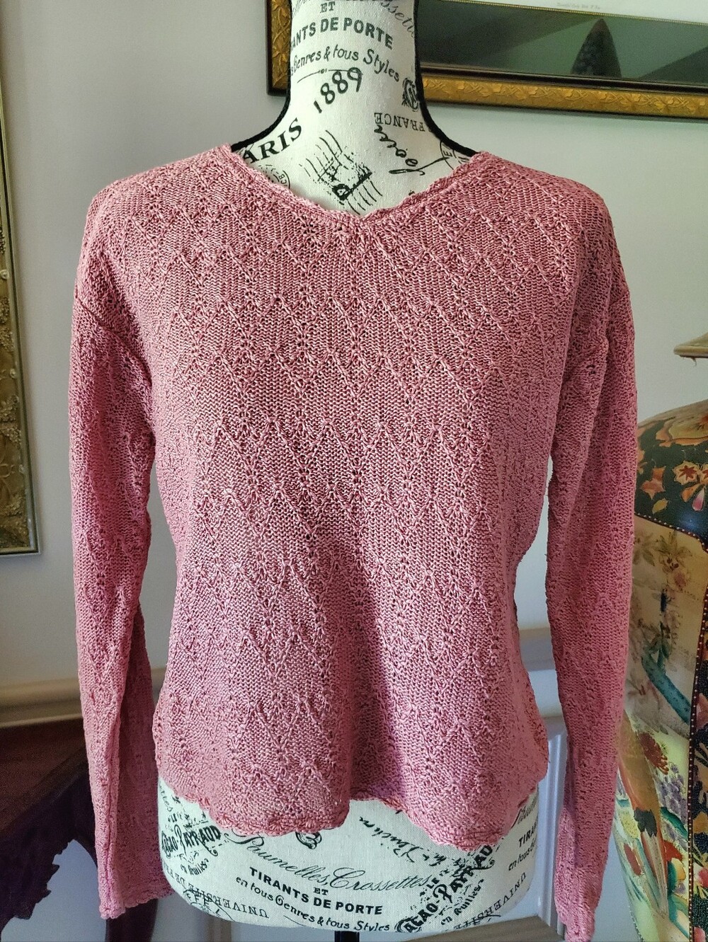 Vintage Y2K British Khaki 100% Linen Pink Pointelle Knit Sweater